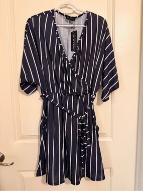 Pink Clove Navy and White Striped Wrap Mini Dress